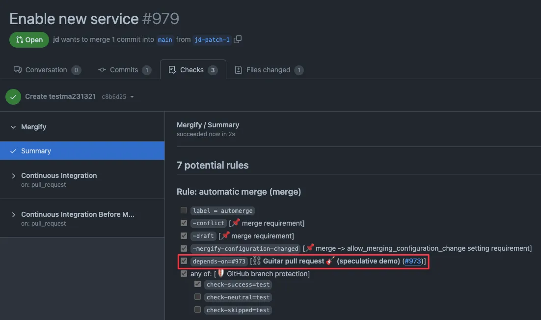 Seeing depends on condition in the pull request summary.