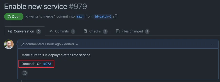 Adding 'Depends-On: #973' in pull request body on GitHub