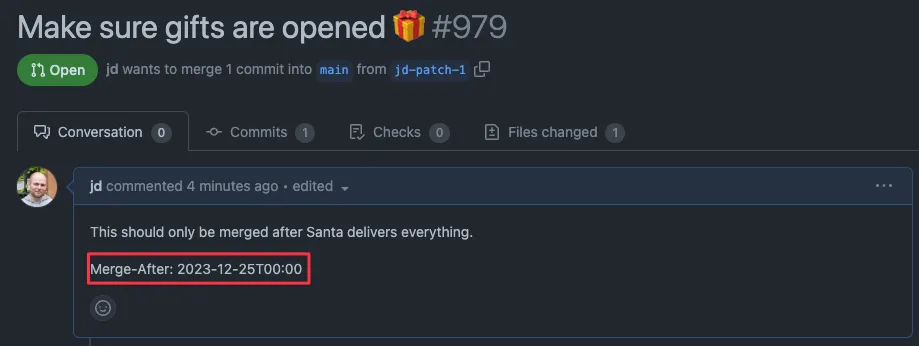 Ading 'Merge-After: 2023-12-25T00:00' in the pull request body on GitHub